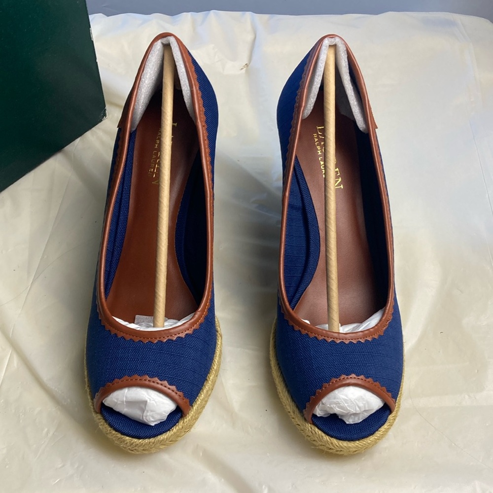 Lauren by Ralph Lauren open toe, navy and tan wedges size 8B